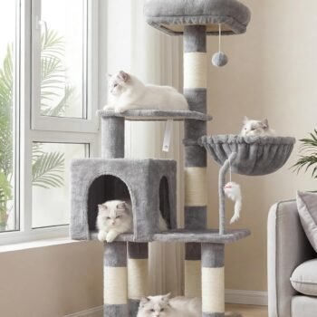 Cat Tree with Toy, Cat Tower Condo for Indoor Cats, Cat House with Padded Plush Perch, Cozy Hammock and Sisal Scratching Posts, Light Gray