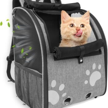 Cat Backpack Carrier for Small Dogs and Cats, Collapsible Breathable Dog Backpack Carrier with Safety Leash and Reflective Accents, Puppy Backpack for Pets Up to 15 LB, Ideal for Travel, Hiking, Grey