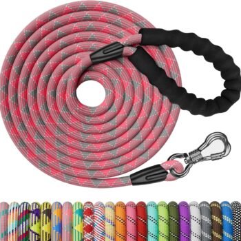 Long Dog Leash, 30FT Check Cord with Swivel Lockable Hook and Comfortable Padded Handle for Pink Leash for Small Medium and Large Dogs Walking Training Hiking Camping Playing